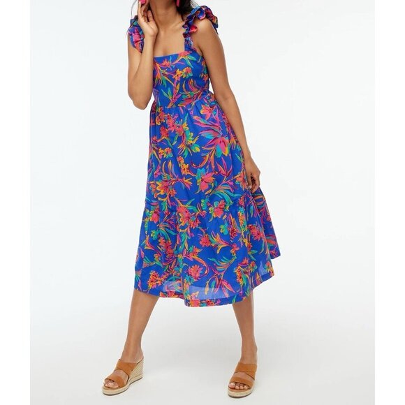 J.Crew Dresses & Skirts - J. Crew Square Neck Midi Bright Floral Ruffle Tiered Dress Size 8